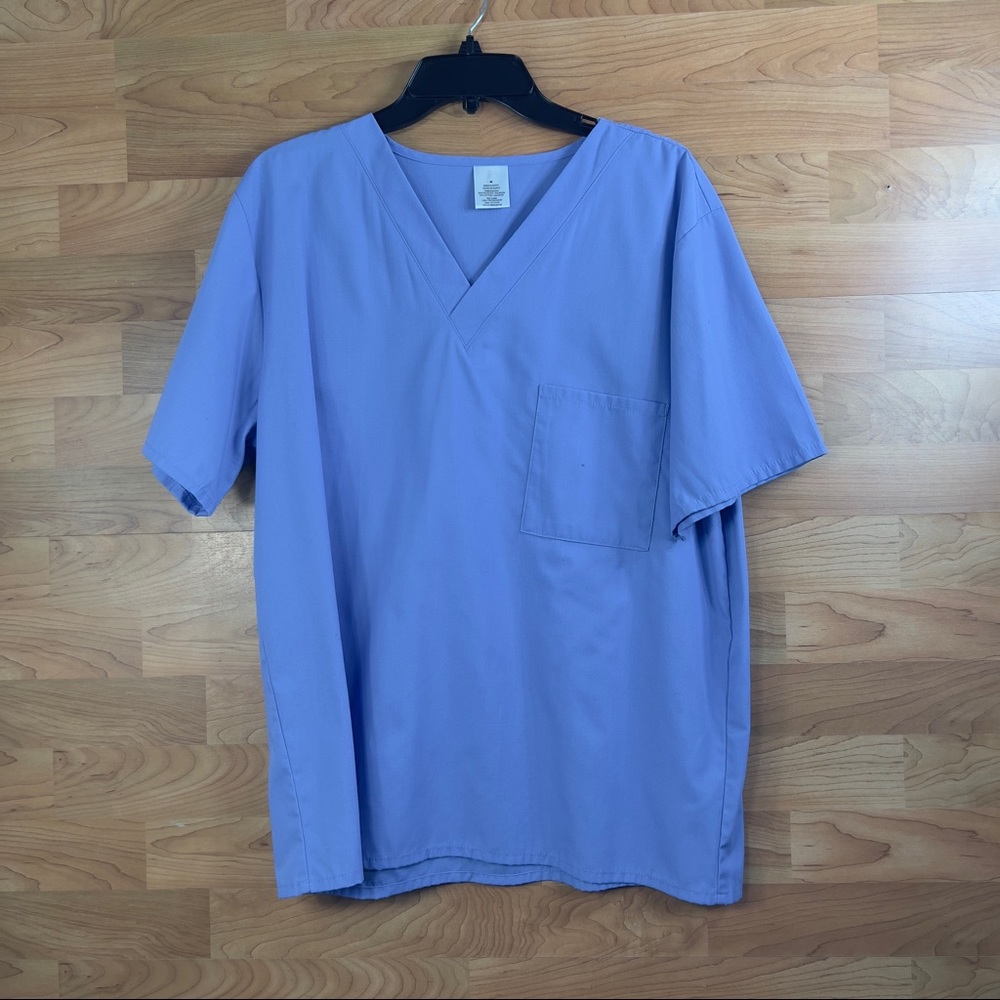 Blue Medium Scrub Top Short Sleeve V-Neck with Front Breast Pocket